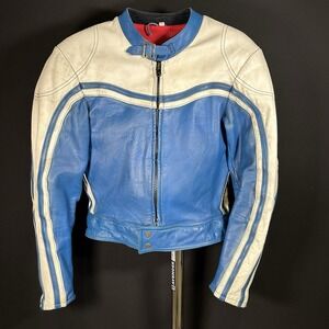Vintage JOFAMA Cafe Racer Biker Jacket Men's M Leather Blue White Swedish Stripe